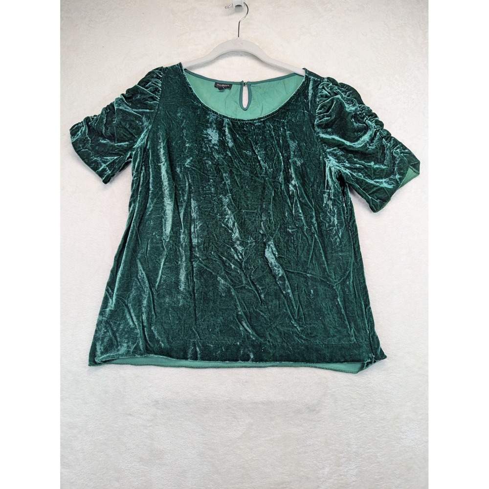 Talbots Womens L Emerald Green Crushed Velvet Top Ruched Sleeve Holiday Blouse